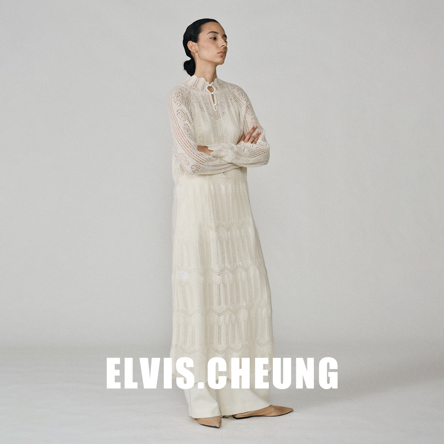 ELVIS.CHEUNG26秋冬法式温柔风V领羊绒镂空连衣裙女长裙气质裙
