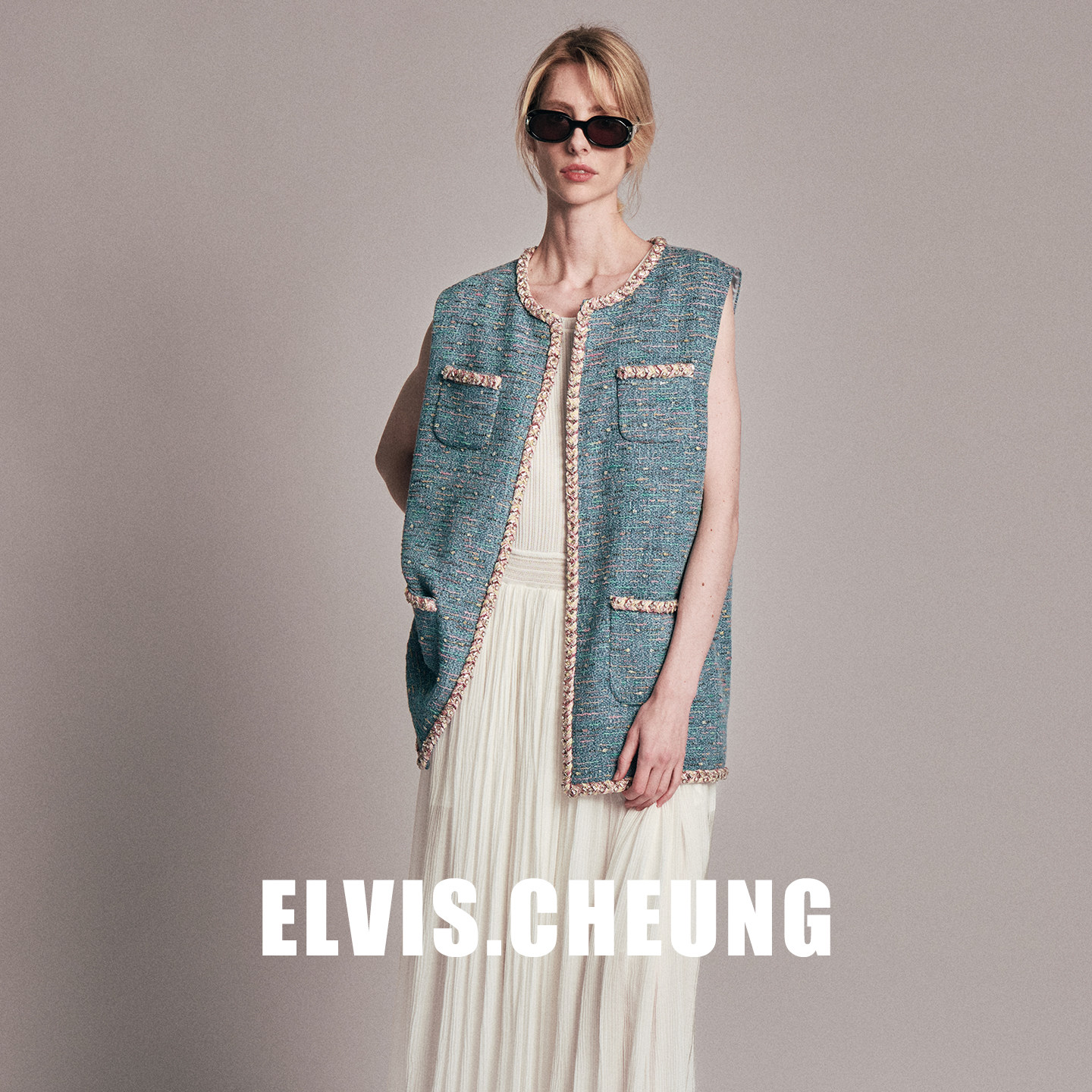 ELVIS.CHEUNG26早春进口小香风粗花呢马甲背心女无袖外套轻奢