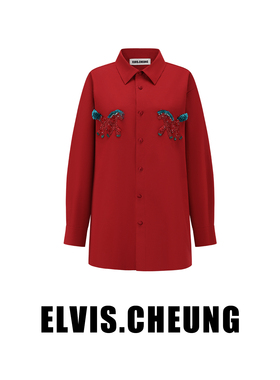 ELVIS.CHEUNG26贺岁红马手工法绣衬衣女长袖翻领宽松落肩气质衬衫