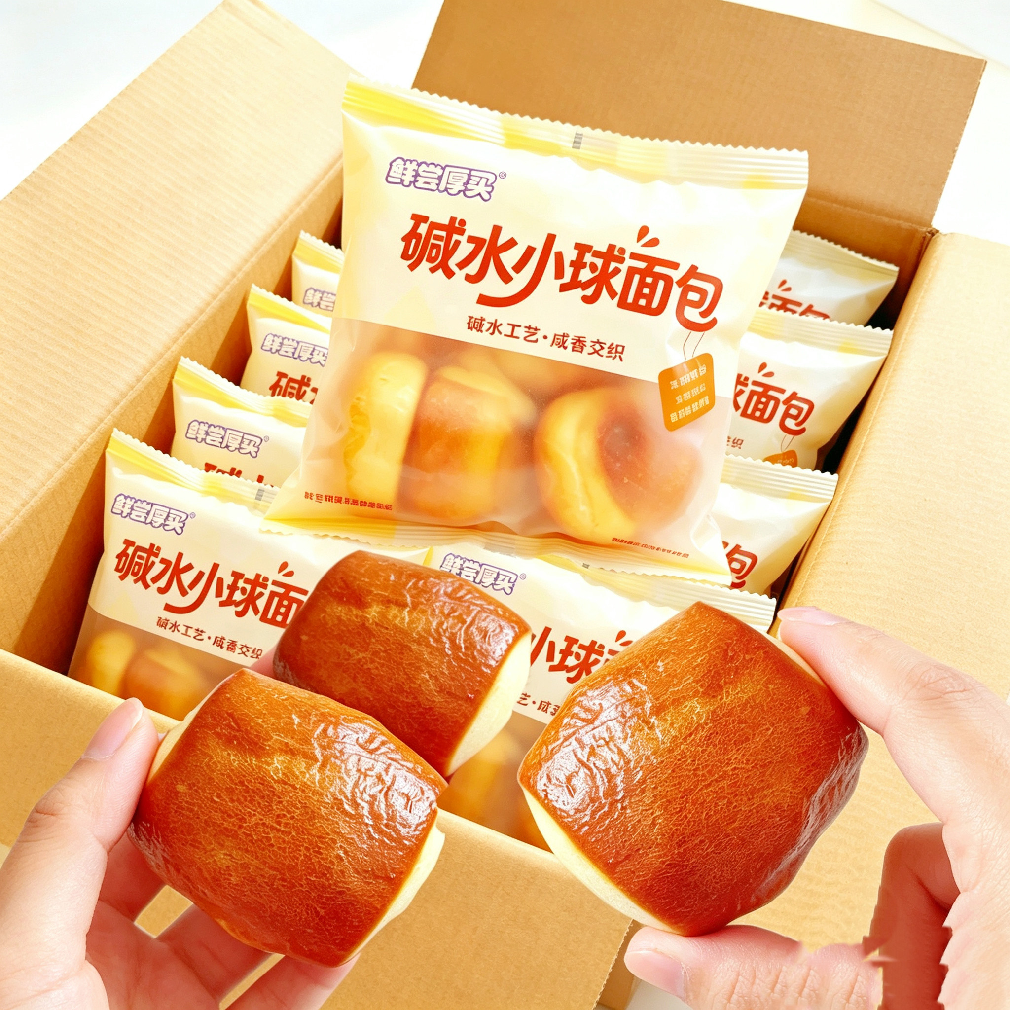 鲜尝厚买碱水小球面包奶香味整箱