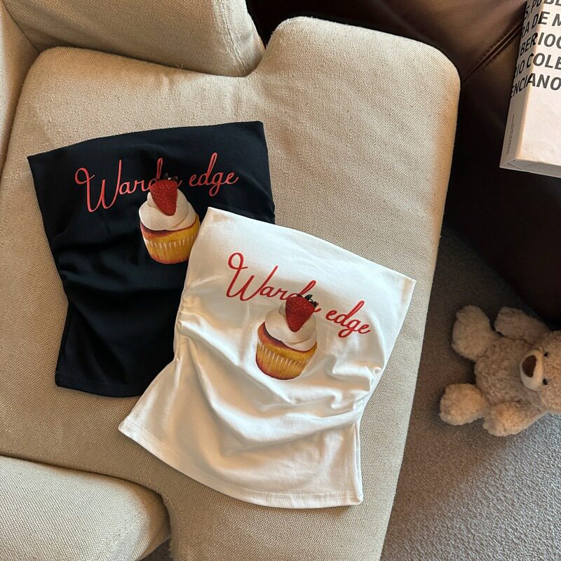 美式辣妹印花吊带背心女夏外穿泰式性感一字肩抹胸上衣带胸垫小衫