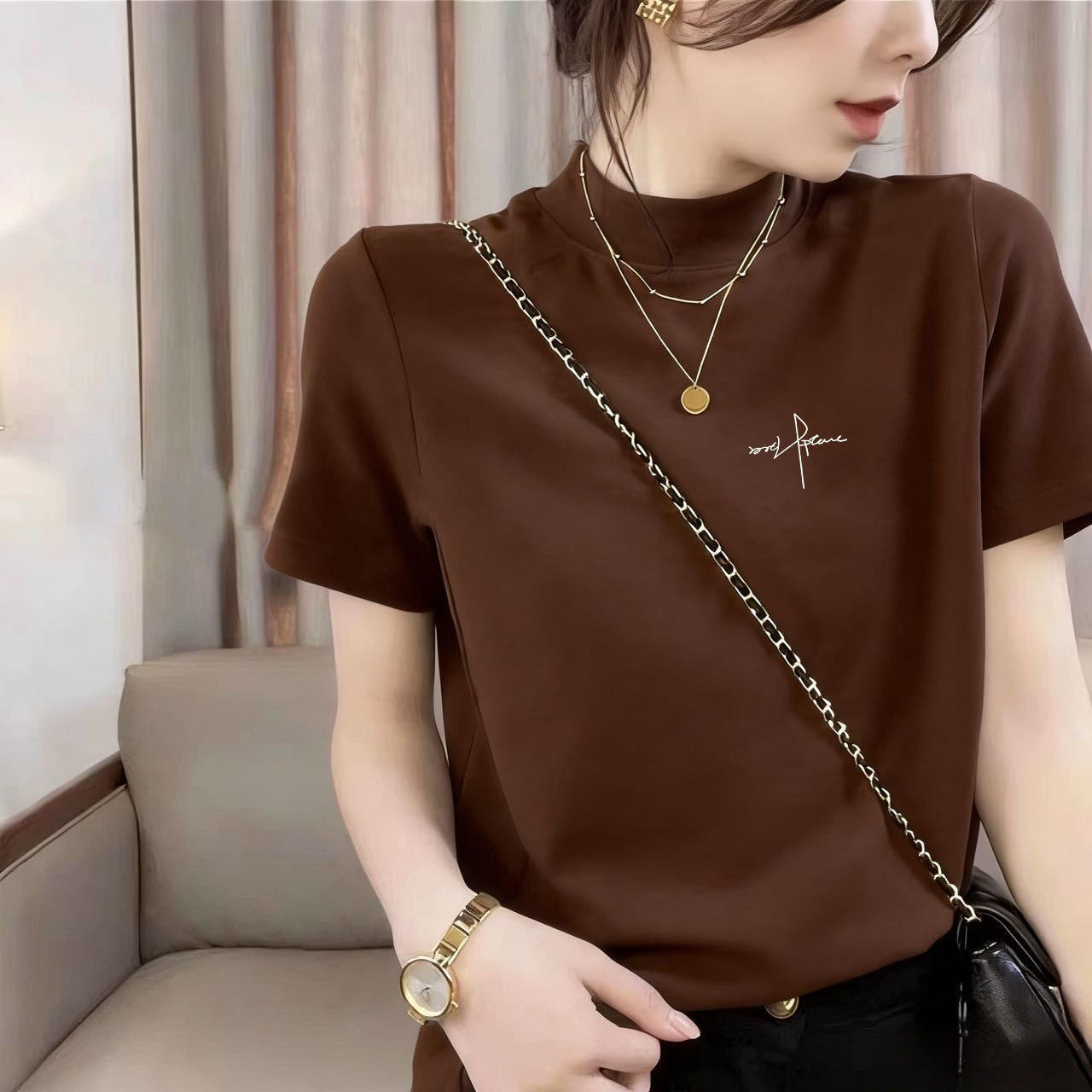 咖啡t恤女半高领夏季修身韩范2026新款紧身短袖纯棉中领打底衫ins