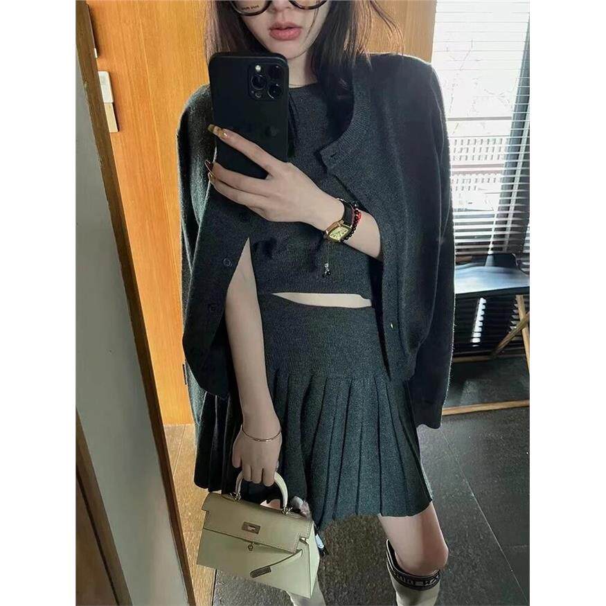 一整套ootd穿搭时尚针织开衫套装女秋冬气质显瘦百褶半身裙三件套