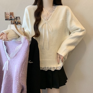 实拍~大码蕾丝花边V领系带针织毛衣秋冬新款胖mm宽松显瘦上衣