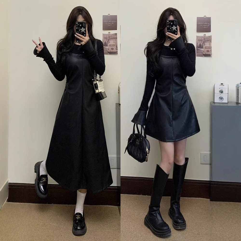 2026年春秋新款大码女装胖mm新款假两件收腰气质拼皮显瘦连衣裙