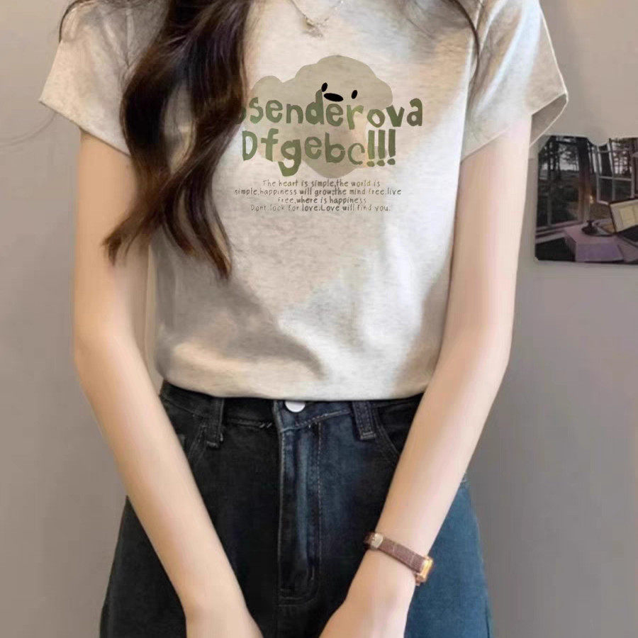 灰色设计感小众正肩纯棉短袖女t恤夏季新爆款印花修身短款上衣服