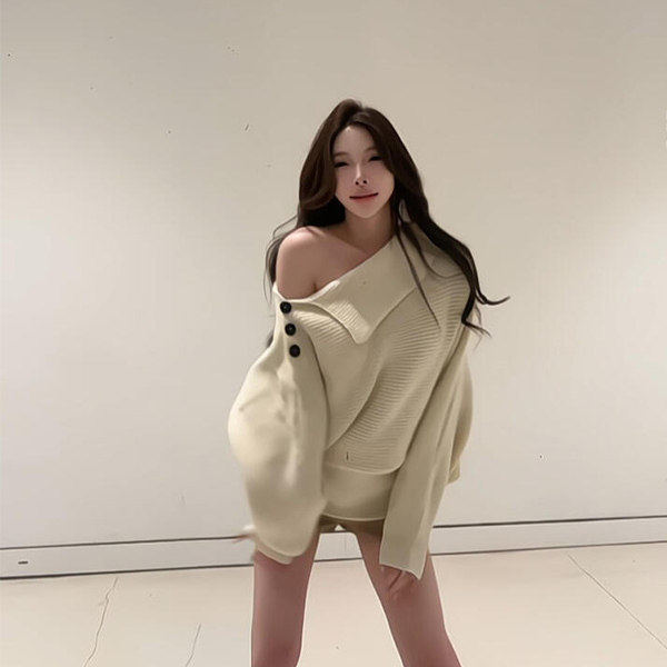 韩系斜肩加厚毛衣女秋冬设计感露肩针织衫宽松慵懒风显瘦长袖上衣