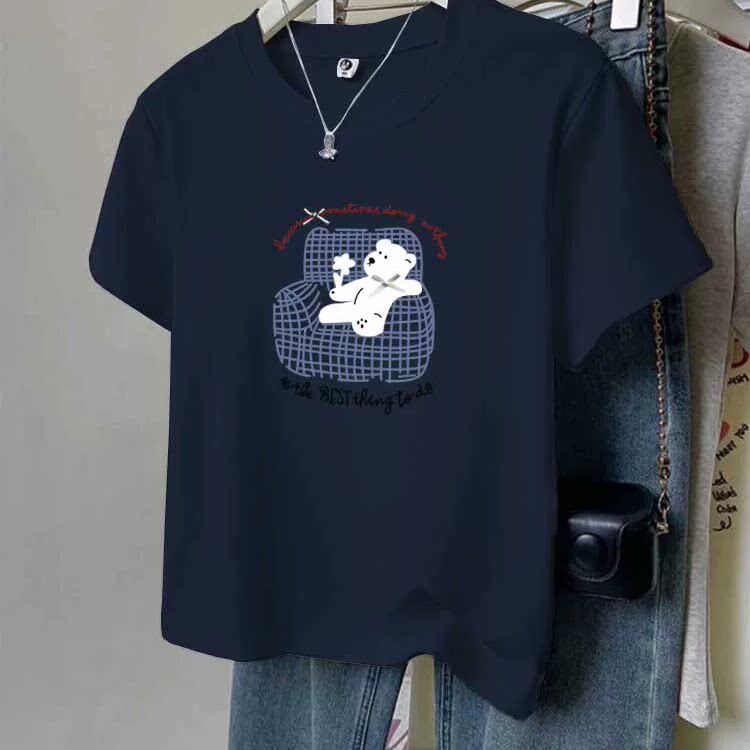 纯棉正肩短袖T恤夏季新款女装时尚百搭减龄藏青色高级设计感上衣