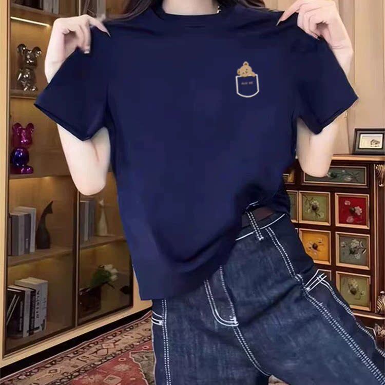 纯棉设计感小众正肩短袖t恤女装2025新款时尚百搭藏青上衣夏季潮