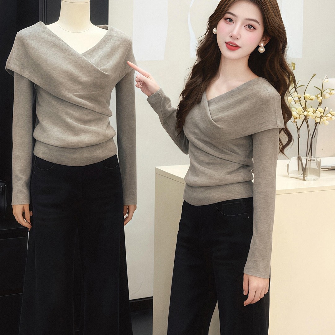 已到货 秋冬新款修身显瘦设计感V领露锁骨长袖针织衫