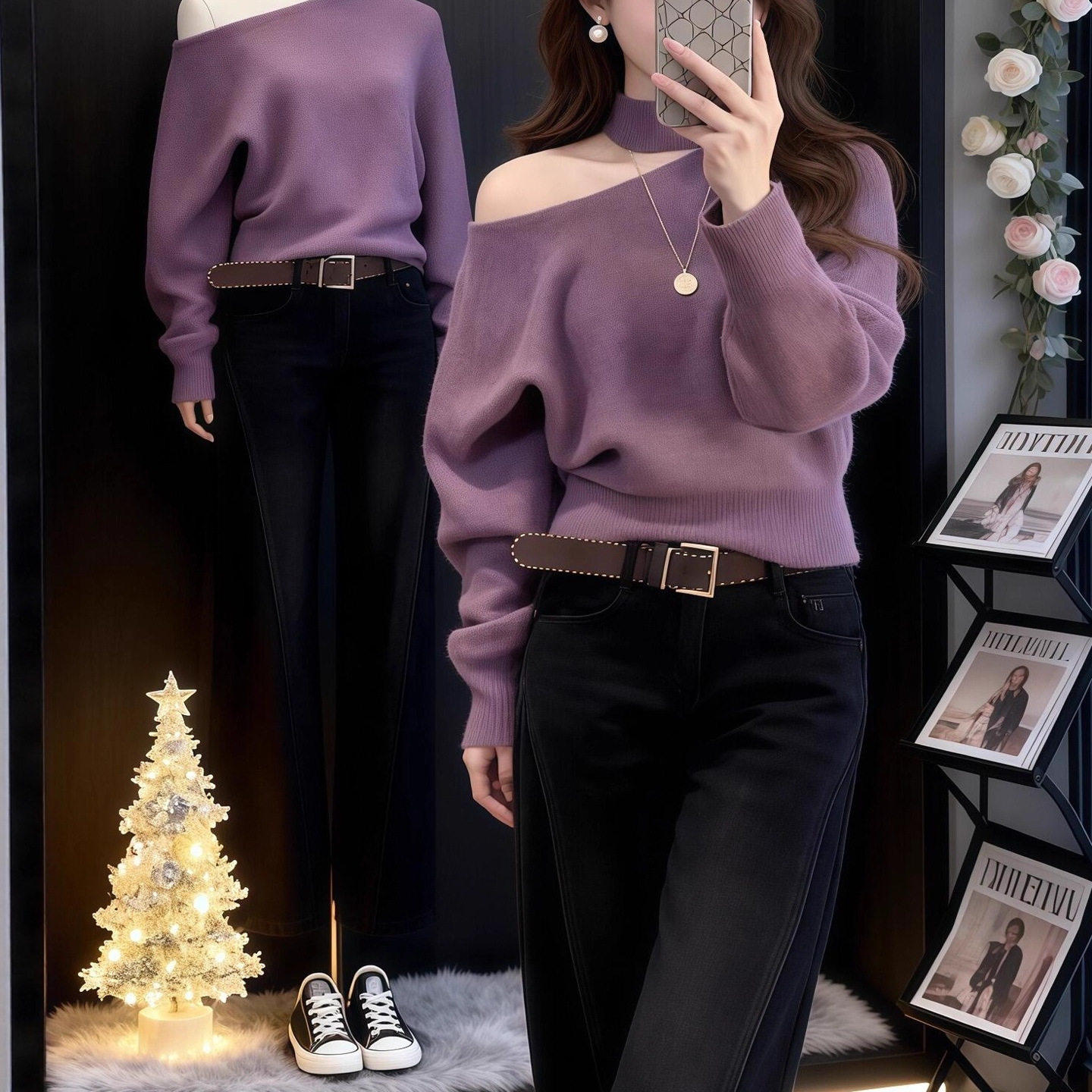 温柔风气质慵懒斜肩挂颈毛衣女秋冬季内搭宽松显瘦软糯针织衫上衣