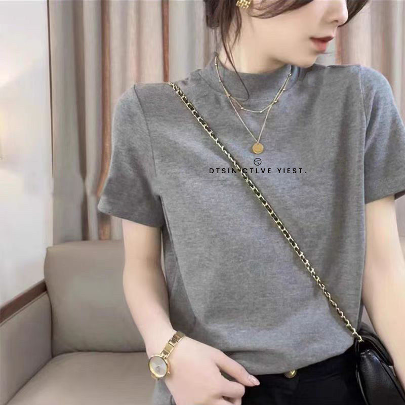 半高领短袖T恤女内搭2025夏季新款小立领修身显瘦打底衫洋派上衣