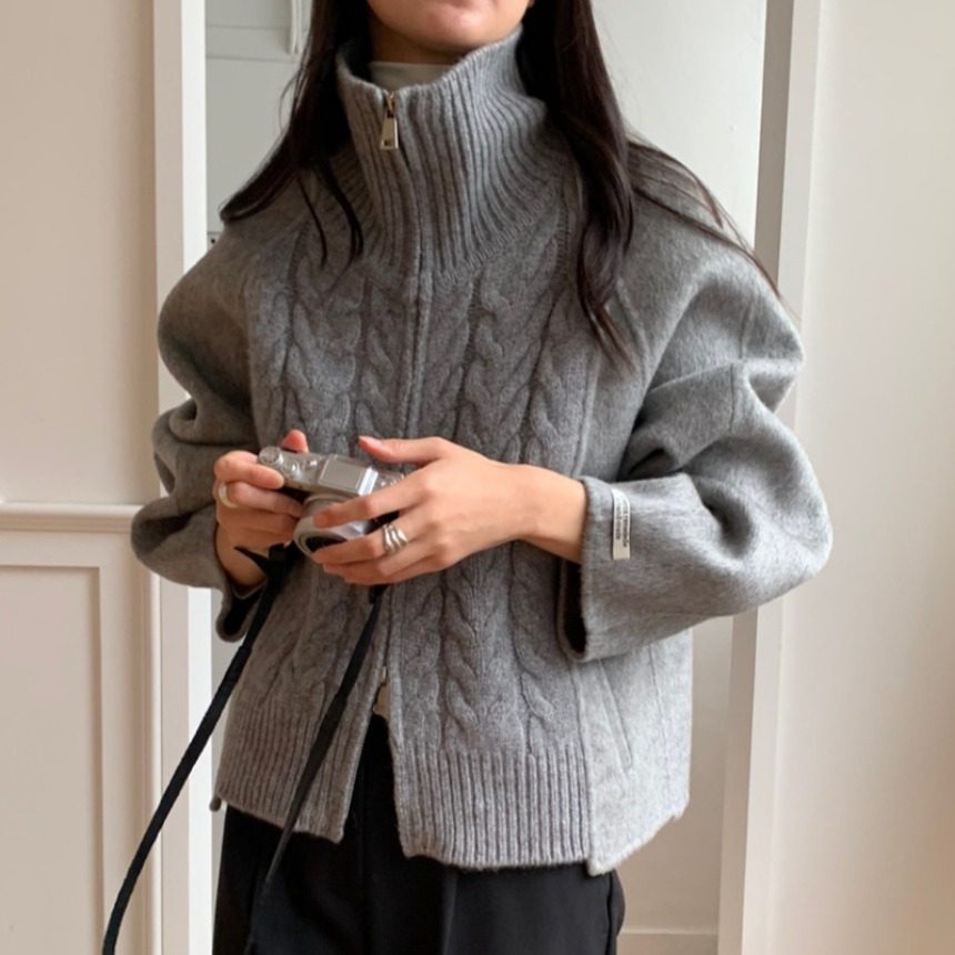 已出货 韩国chic秋冬小众设计感拼接针织高领毛呢外套女