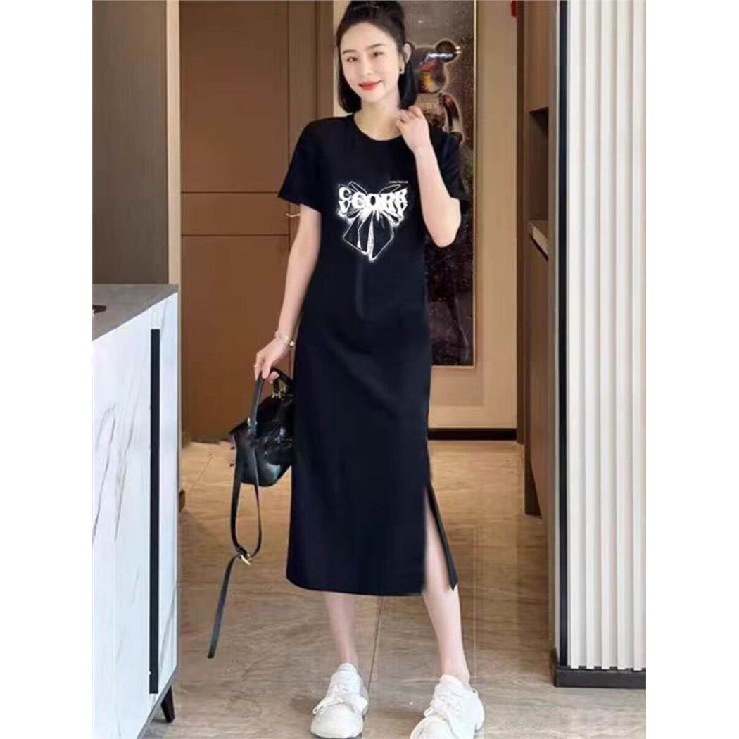 2024夏季过膝t恤连衣裙纯棉短袖宽松休闲简单中长裙女士修身长裙