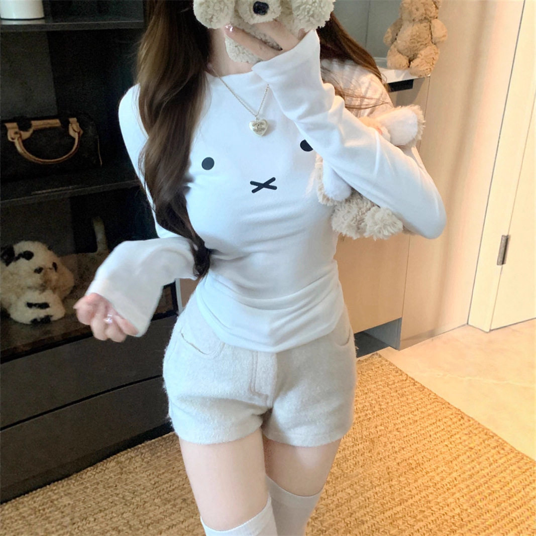 可爱印花白色圆领长袖T恤女秋冬显身材修身内搭chic百搭打底上衣