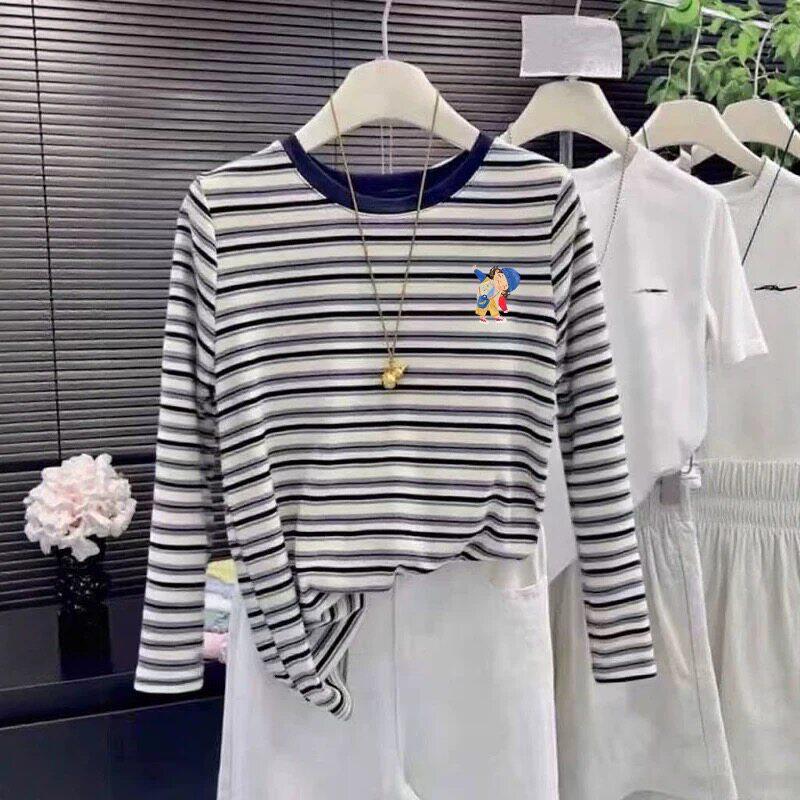 春秋2026正肩纯棉长袖条纹t恤女士上衣服圆领百搭修身内搭打底衫