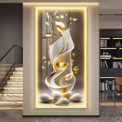 现代轻奢玄关装饰画金叶入户正对门挂画led带灯高档走廊过道壁画