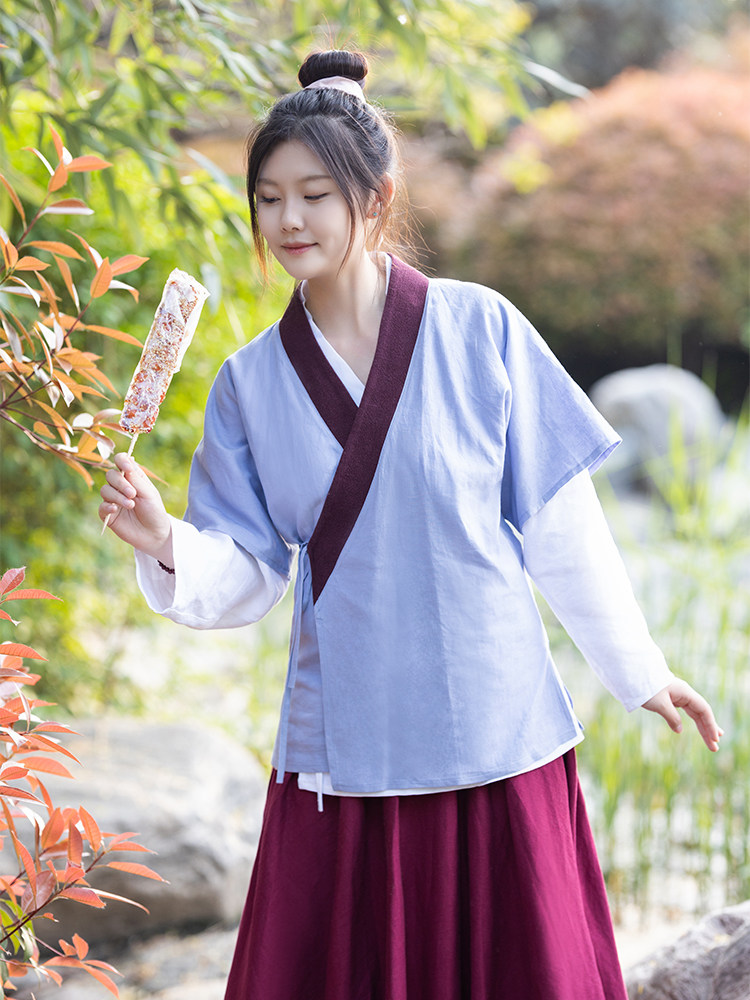 【田圜记】复古交领短袖棉麻小衫田园风汉服套装紫色大摆半身裙子