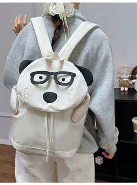 可爱卡通熊猫双肩包女学生书包轻便旅游背包白色抽绳背包