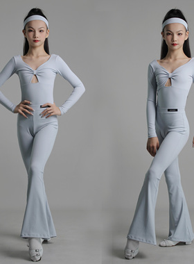 JINGONG秋冬新款儿童拉丁练功服长袖桃心领喇叭裤拉丁套装练功服