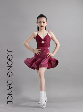 JINGONG春夏新款儿童拉丁舞服酒红星星亮光包臀女童拉丁表演服