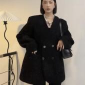 法式 爆闪小香风V领中长款 直筒夹棉宽松西服外套大码 胖MM新款 女装