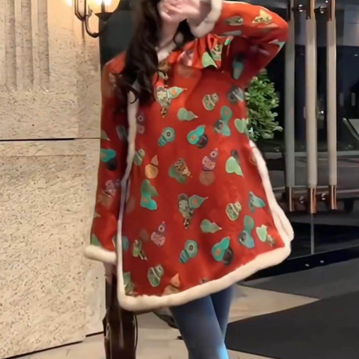 中式国风新年款葫芦纳福印花拼仿真毛毛边斜襟盘扣加棉连衣裙女装,女装/女士精品,连衣裙,淘宝优惠券,粉丝福利购,淘宝优惠卷