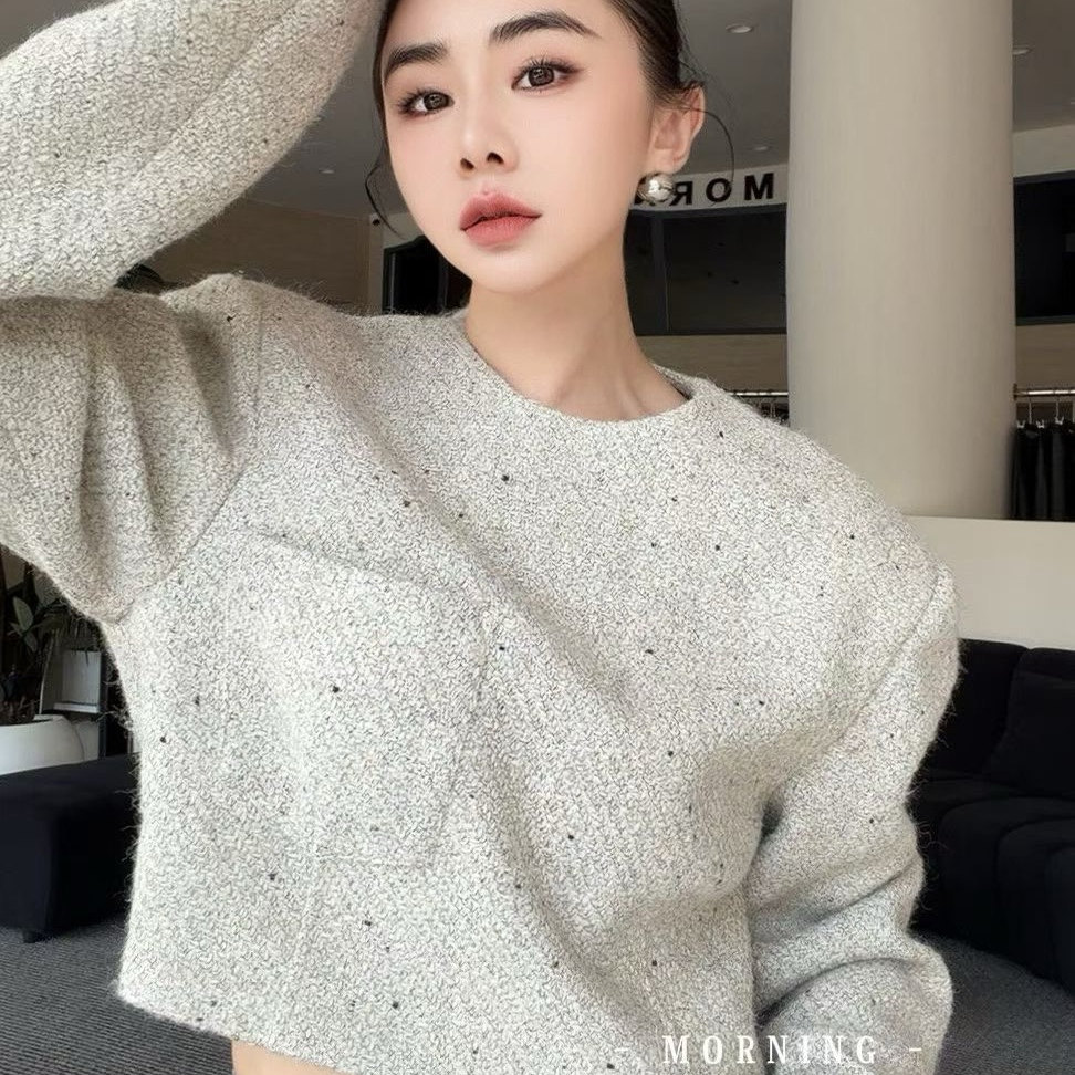 欧洲站25ss冬季新款韩版小香风粗毛呢圆领夹棉套头直筒长袖短上衣