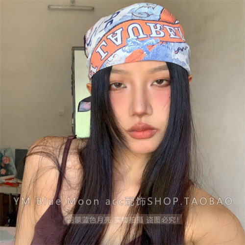 复古蓝色字母头巾包头帽y2k女