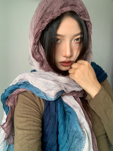四季废土风女褶皱渐变围巾新款