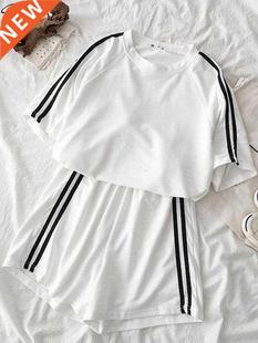 SUMMER STRIPED TRASUIT SET FOR WOMEN SHORT SLEEVE T SHIRT Mi