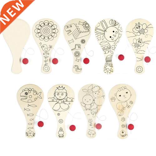 9pcs/set Hand-painted Wooden Racket Ball DIY Craft Cartoon P