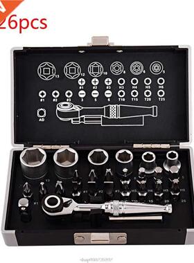 26pcs Mini Ratchet Wrench Socket Bits 1/4'' Drive Spanner Ki