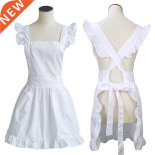 Womens Girls Ruffles Outline Retro White Apron with Pockets