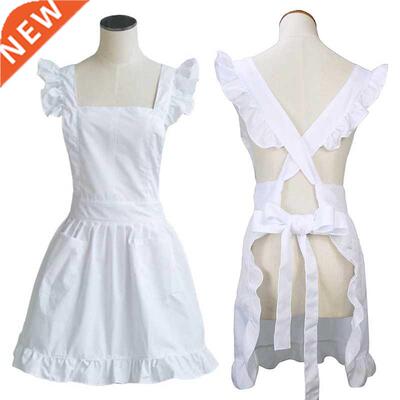 Womens Girls Ruffles Outline Retro White Apron with Pockets