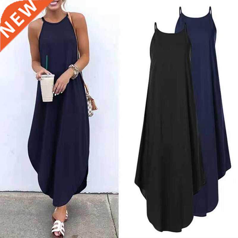 Women Dress Summer 2022 Casual Sleeveless Retro Halter Solid图片