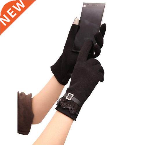Lady Winter Plush Gloves Touch Screen Lace Flowers Outdoor