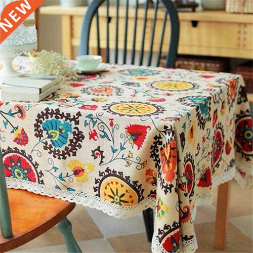 Retro Sunflower Pattern Lace Cotton Linen Fabric Tablecloth
