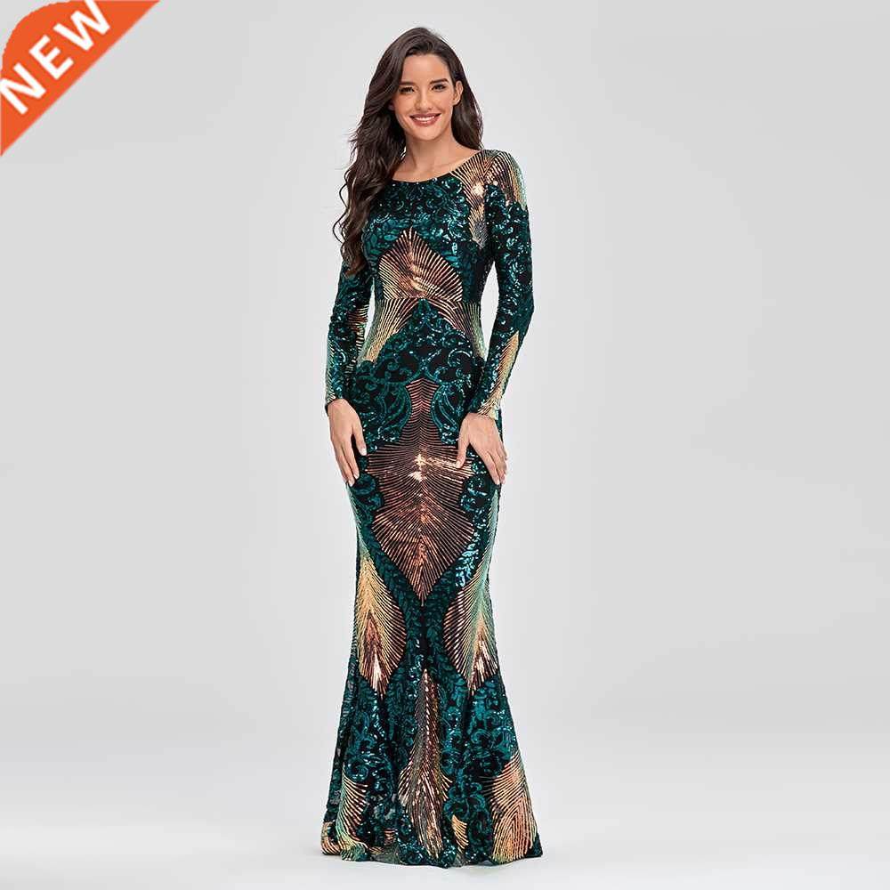O-neck Long-Sleeve Shinning Sequins Evening Dresses Sexy Bac图片