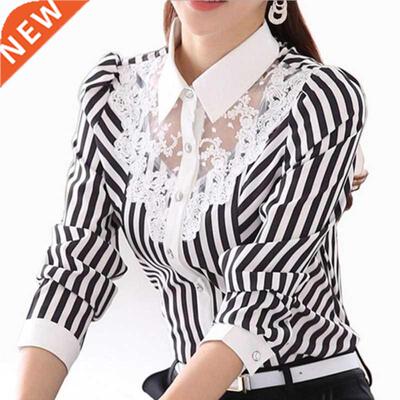 Women Blouse Long Sleeve Lace ops Striped Turn-Down Collar B