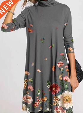 2021 Winter Turtleneck Warm Vintage Print Dress Women Autumn