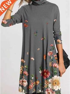 2021 Winter Turtleneck Warm Vintage Print Dress Women Autumn