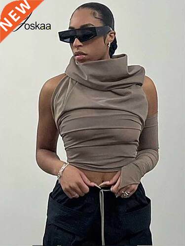Joskaa Brown Single Sleeve Off Shoulder Top Casual Slim Crop