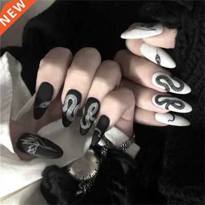 24pcs/set Long Stiletto Fake Nails Punk Snake Pattern Black