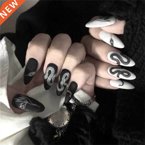 24pcs/set Long Stiletto Fake Nails Punk Snake Pattern Black