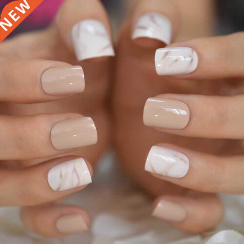 Natural Nude Color Press On Nails Marble White Artificial