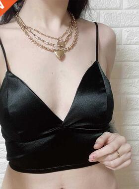 Sexy Satin Crop Tops Women Wireless Bralette Crochet Top Fem