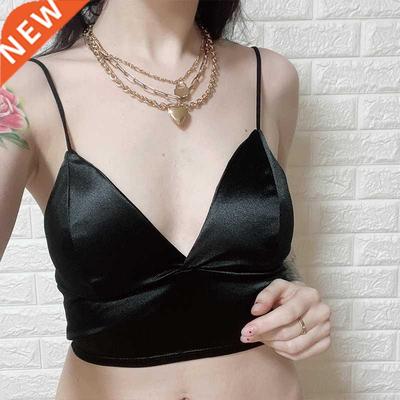 Sexy Satin Crop Tops Women Wireless Bralette Crochet Top Fem