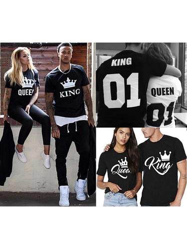 KING QUEEN Letter Crown Printed Black White T shirts Summer