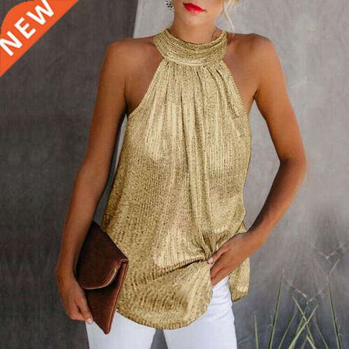 Women Gold Blouse 2020 New Fashion High Neck Sleeveless Hatl
